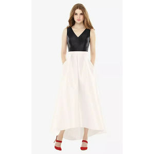 NEW Alfred Sung Size 10 Pleated Skirt High Low Dress Ivory Black $231 msrp J2-12
